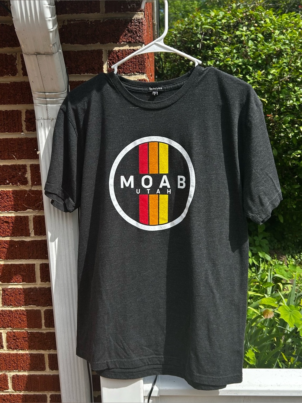 MOAB Utah Black Graphic Tee with Red and Yellow Stripe Accent
